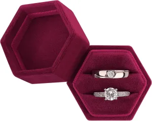 DesignSter Velvet Ring Box Hexagon - Premium Gorgeous Vintage Double Ring Display Holder with Detachable Lid for Proposal, Engagement, Wedding, Ceremony (Burgundy Red)