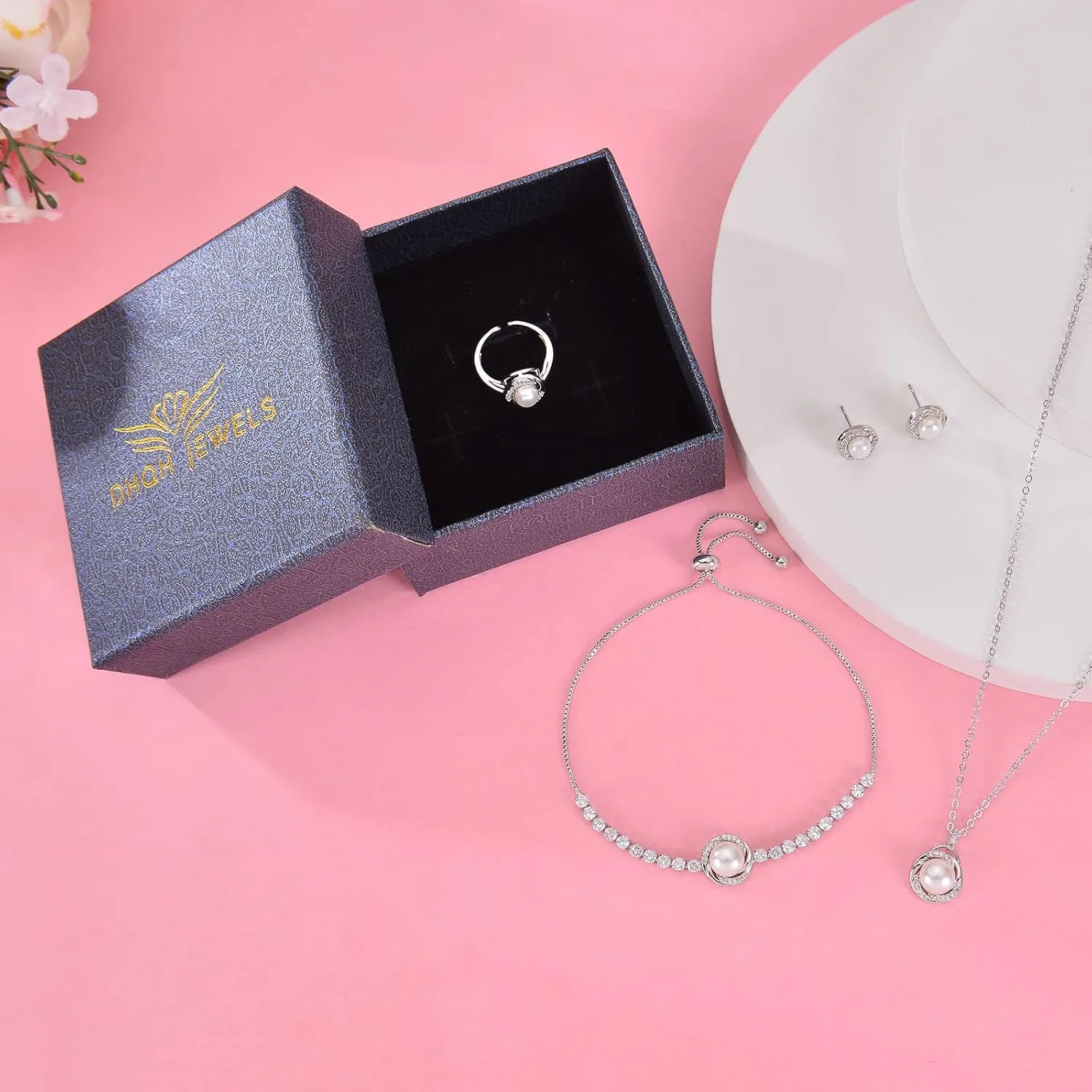 DHQH 4PCS Wedding Jewelry for Bridesmaid Cubic Zirconia Teardrop Necklace Earrings Bracelet Ring Set Bridesmaid Jewelry Set for Women Party Jewelrys Gift