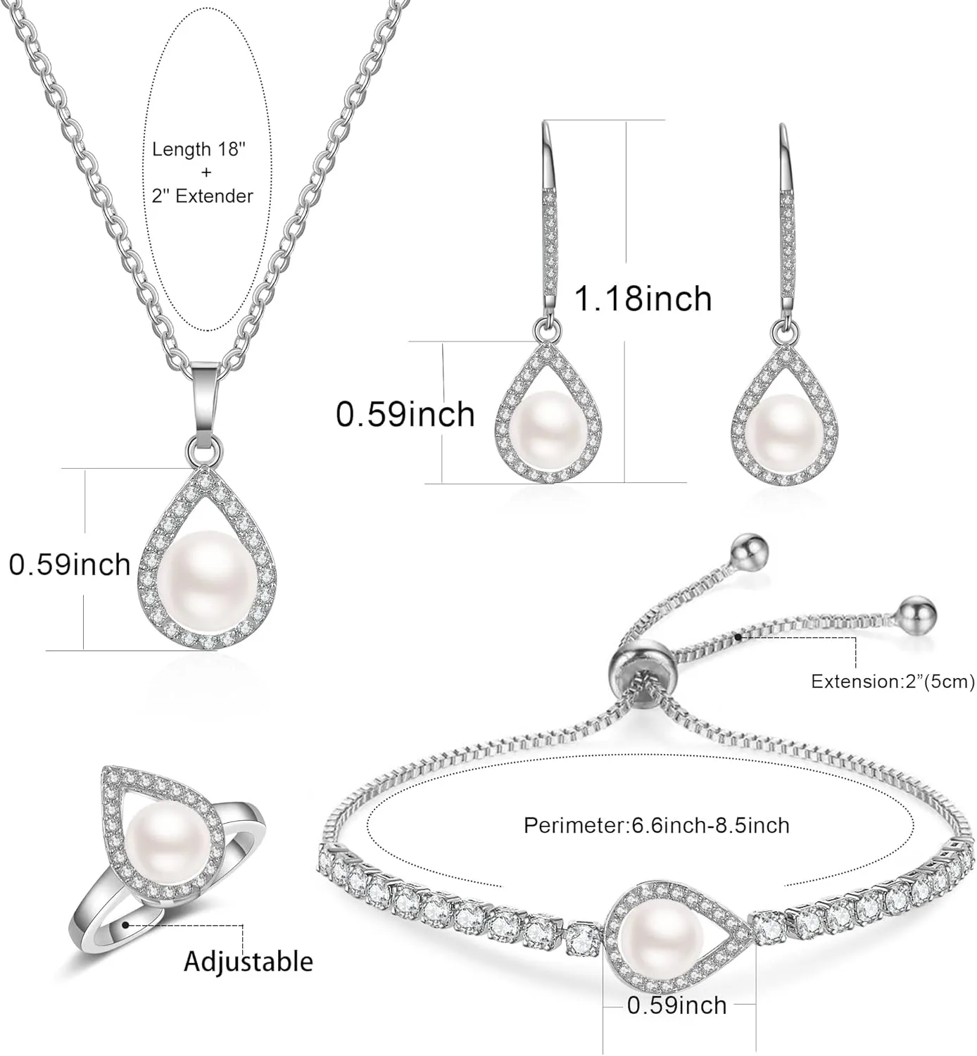 DHQH 4PCS Wedding Jewelry for Bridesmaid Cubic Zirconia Teardrop Necklace Earrings Bracelet Ring Set Bridesmaid Jewelry Set for Women Party Jewelrys Gift