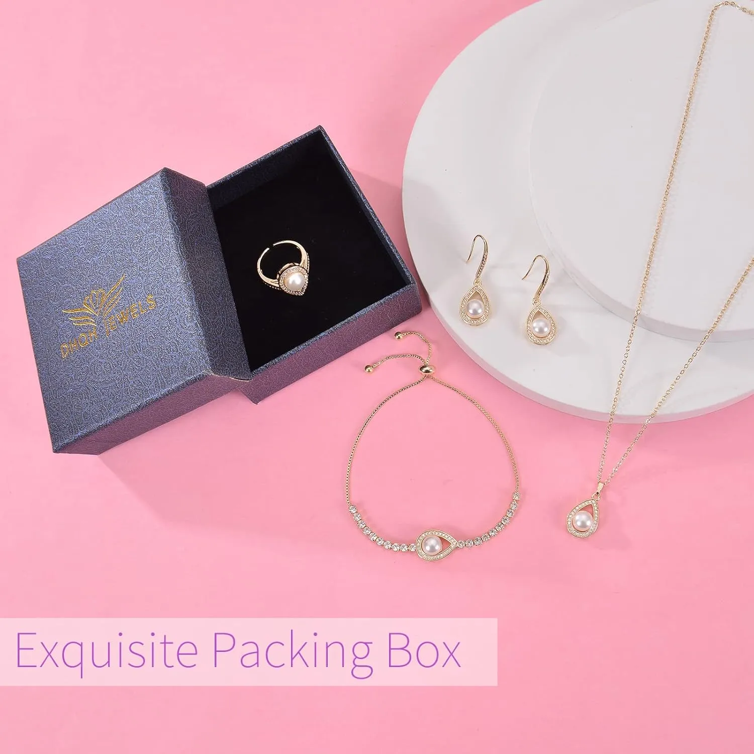 DHQH 4PCS Wedding Jewelry for Bridesmaid Cubic Zirconia Teardrop Necklace Earrings Bracelet Ring Set Bridesmaid Jewelry Set for Women Party Jewelrys Gift
