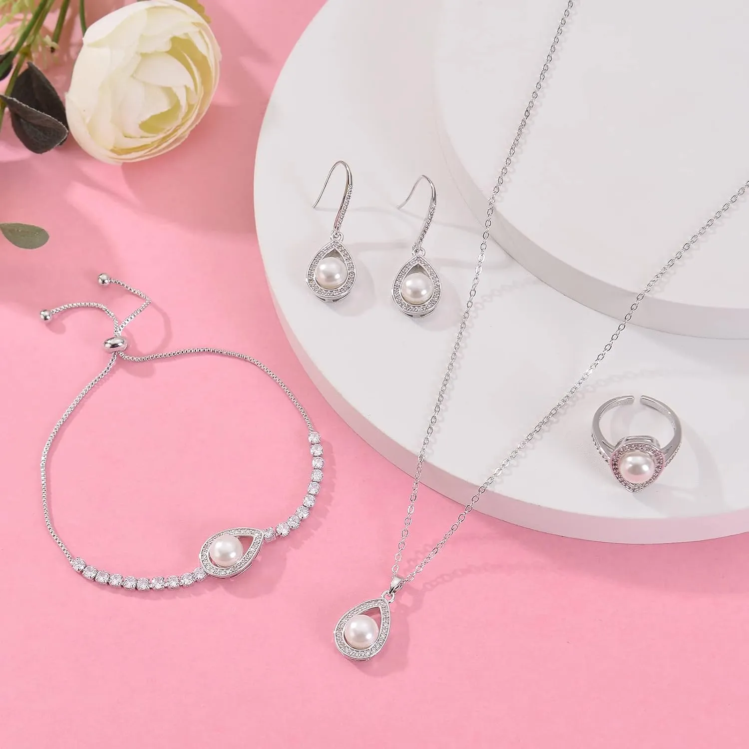 DHQH 4PCS Wedding Jewelry for Bridesmaid Cubic Zirconia Teardrop Necklace Earrings Bracelet Ring Set Bridesmaid Jewelry Set for Women Party Jewelrys Gift