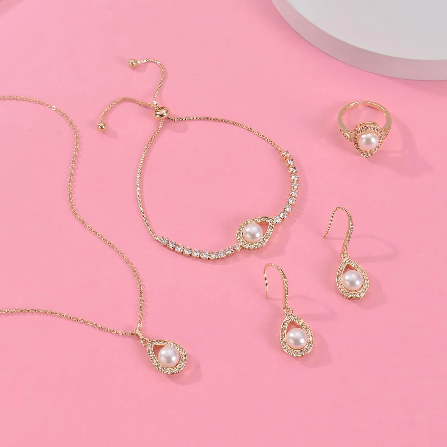 DHQH 4PCS Wedding Jewelry for Bridesmaid Cubic Zirconia Teardrop Necklace Earrings Bracelet Ring Set Bridesmaid Jewelry Set for Women Party Jewelrys Gift