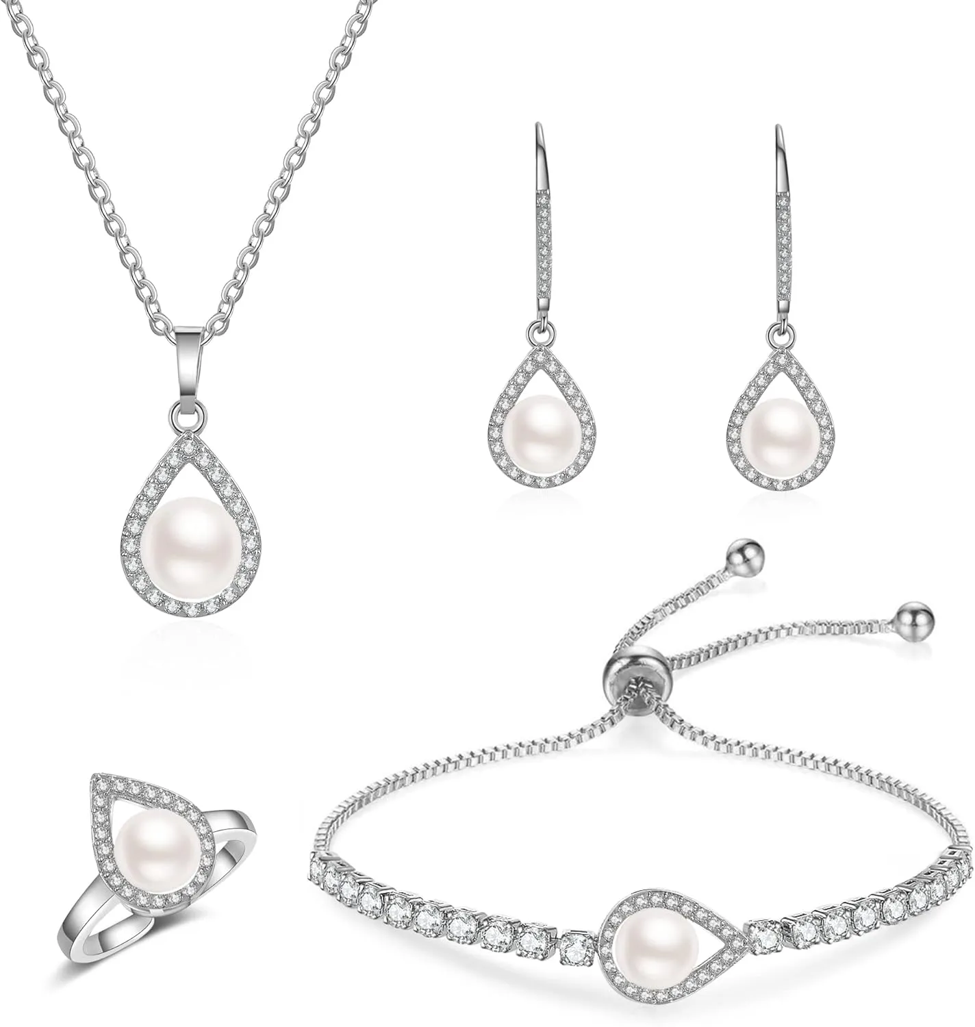 DHQH 4PCS Wedding Jewelry for Bridesmaid Cubic Zirconia Teardrop Necklace Earrings Bracelet Ring Set Bridesmaid Jewelry Set for Women Party Jewelrys Gift