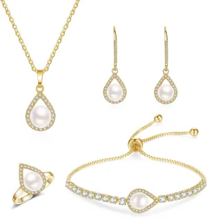 DHQH 4PCS Wedding Jewelry for Bridesmaid Cubic Zirconia Teardrop Necklace Earrings Bracelet Ring Set Bridesmaid Jewelry Set for Women Party Jewelrys Gift