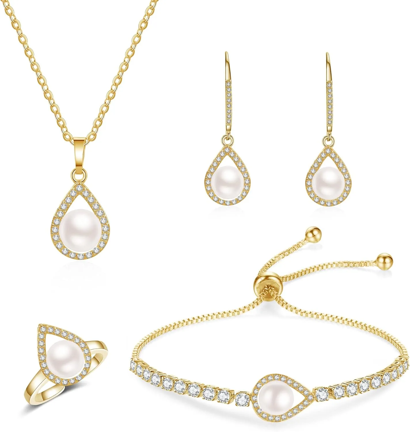 DHQH 4PCS Wedding Jewelry for Bridesmaid Cubic Zirconia Teardrop Necklace Earrings Bracelet Ring Set Bridesmaid Jewelry Set for Women Party Jewelrys Gift
