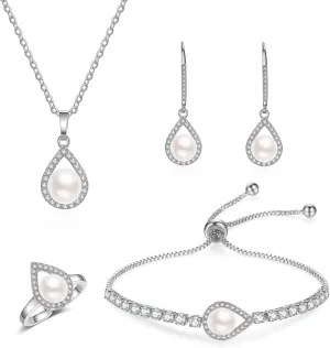 DHQH 4PCS Wedding Jewelry for Bridesmaid Cubic Zirconia Teardrop Necklace Earrings Bracelet Ring Set Bridesmaid Jewelry Set for Women Party Jewelrys Gift