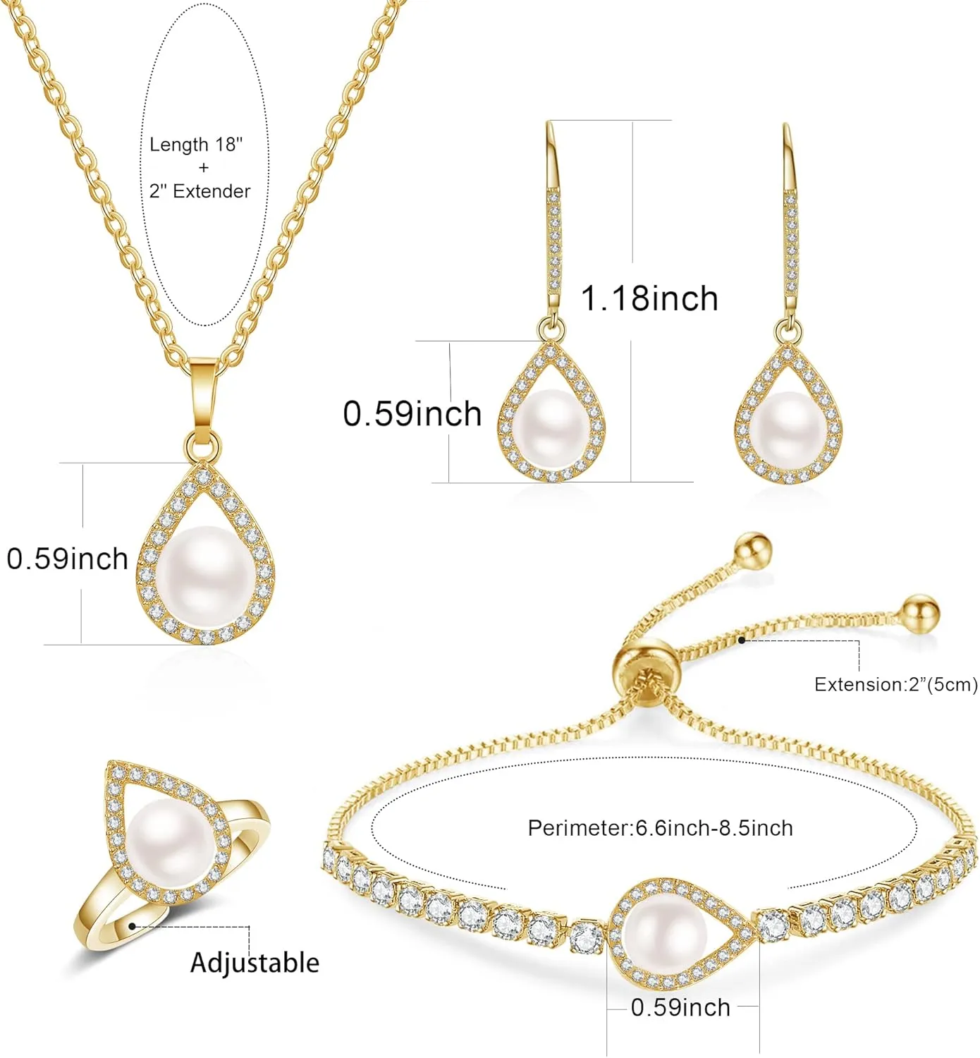 DHQH 4PCS Wedding Jewelry for Bridesmaid Cubic Zirconia Teardrop Necklace Earrings Bracelet Ring Set Bridesmaid Jewelry Set for Women Party Jewelrys Gift