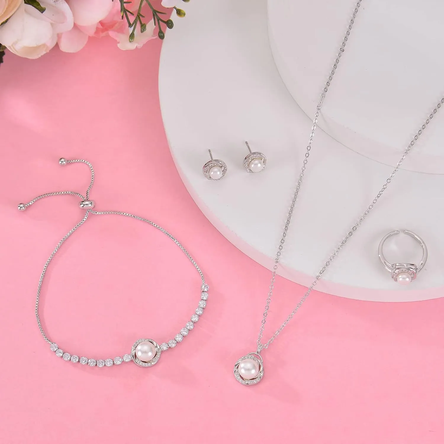 DHQH 4PCS Wedding Jewelry for Bridesmaid Cubic Zirconia Teardrop Necklace Earrings Bracelet Ring Set Bridesmaid Jewelry Set for Women Party Jewelrys Gift
