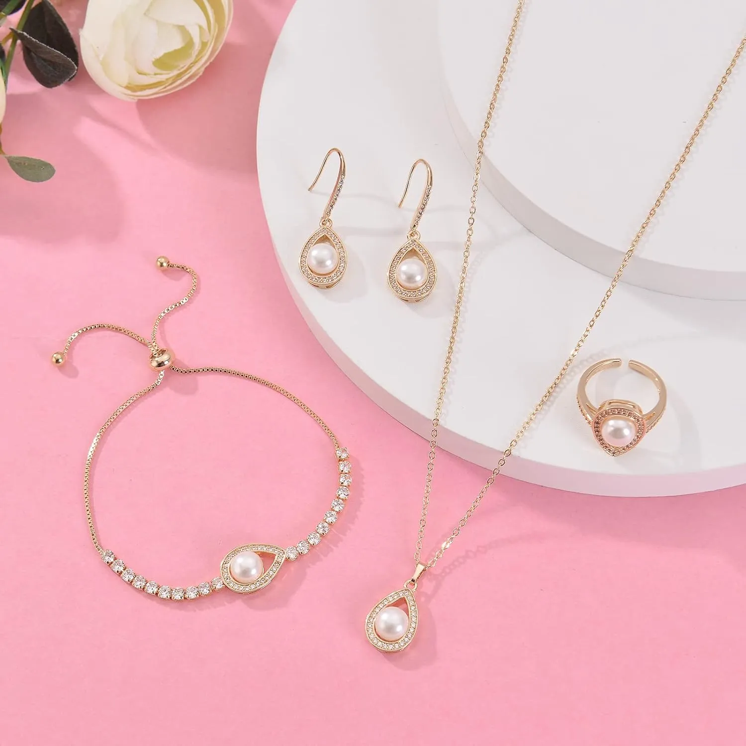 DHQH 4PCS Wedding Jewelry for Bridesmaid Cubic Zirconia Teardrop Necklace Earrings Bracelet Ring Set Bridesmaid Jewelry Set for Women Party Jewelrys Gift