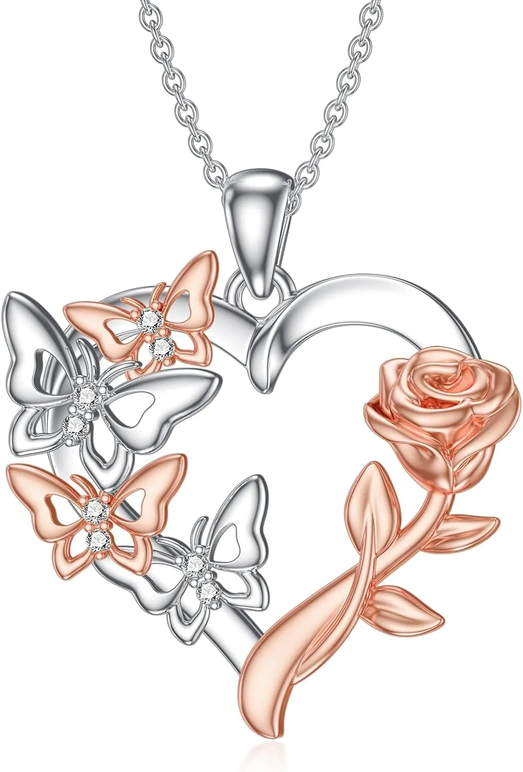 Diamond Butterfly Heart Necklace S925 Sterling Silver Rose Butterfly Heart Pendant Necklace Dainty Butterfly Jewelry Gifts for Women Wife Mother