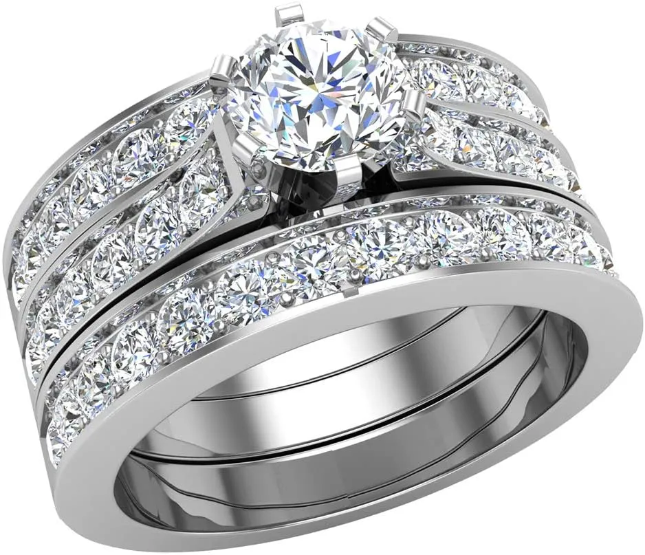 Diamond Wedding Ring Set for Women Round Brilliant Center Diamond Engagement Ring with enhancer wedding bands 14K Gold 1.85 carat (G,I1)