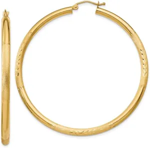 Diamond2Deal 14k Yellow Gold Satin and Diamond-cut 3mm Round Hoop Earrings (L- 2.17 in, W- 0.12 in)