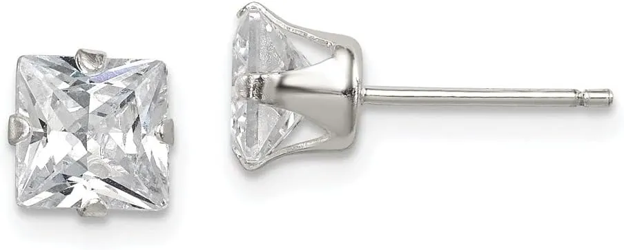 Diamond2Deal 925 Sterling Silver Polished Princess 6mm Cubic Zirconia Snap Set Stud Earrings (L- 0.24 in, W- 0.24 in)