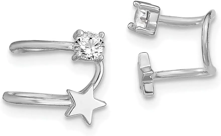 Diamond2Deal 925 Sterling Silver Rhodium- Plated CZ and Star Earrings Cuff (L- 0.35 in, W- 0.39 in)