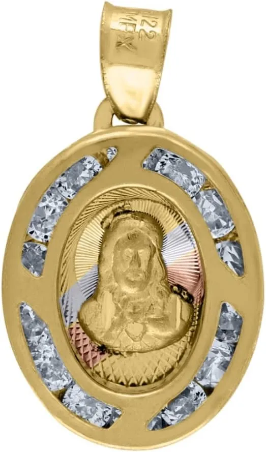 Diamond2Deal Mothers Day Gifts 14K Tri-Color Gold Cubic Zirconia Textured Religious Oval Jesus Medal Pendant for Mom Charm Pendant for Mom