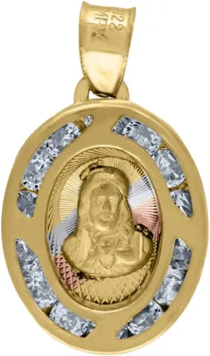 Diamond2Deal Mothers Day Gifts 14K Tri-Color Gold Cubic Zirconia Textured Religious Oval Jesus Medal Pendant for Mom Charm Pendant for Mom