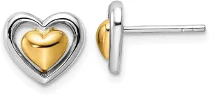 Diamond2Deal Sterling Silver RH-plated & Gold-plated Heart Stud Earrings (L- 0.37 in, W- 0.41 in)