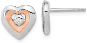 Diamond2Deal Sterling Silver RH-plated & Rose Gold-plated Diamond Heart Stud Earrings (L- 0.39 in, W- 0.4 in)