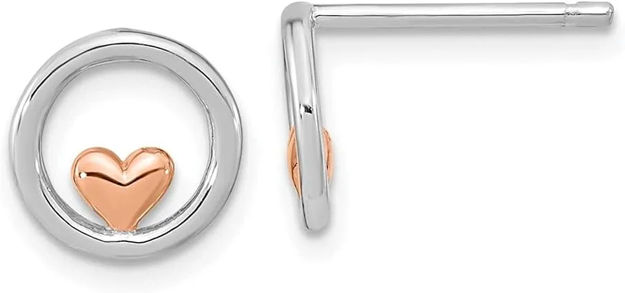 Diamond2Deal Sterling Silver RH-plated and Rose Gold-plated Circle Heart Stud Earrings (L- 0.32 in, W- 0.32 in)