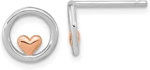 Diamond2Deal Sterling Silver RH-plated and Rose Gold-plated Circle Heart Stud Earrings (L- 0.32 in, W- 0.32 in)
