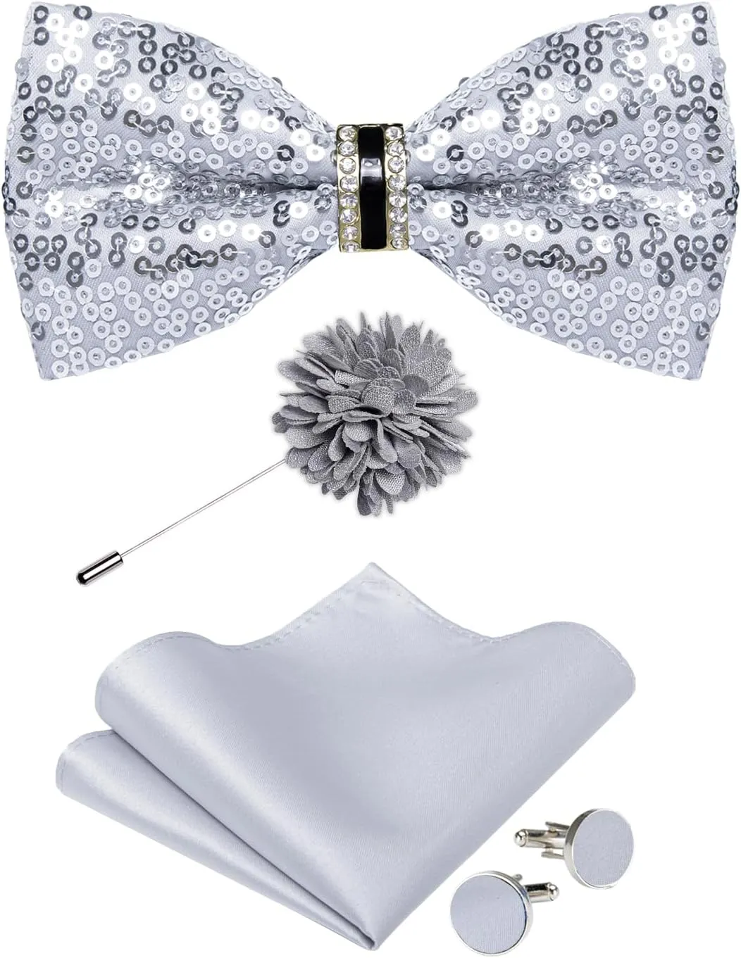 DiBanGu Sequin Bowtie for Men Solid Adjustable Pre-tied Bow Tie & Pocket Square Cufflinks Set for Party Wedding Shiny Bowtie