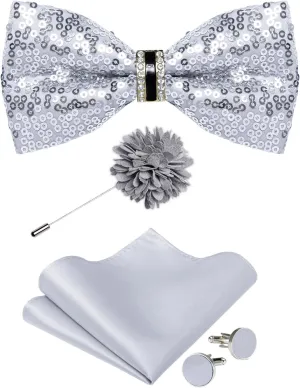 DiBanGu Sequin Bowtie for Men Solid Adjustable Pre-tied Bow Tie & Pocket Square Cufflinks Set for Party Wedding Shiny Bowtie