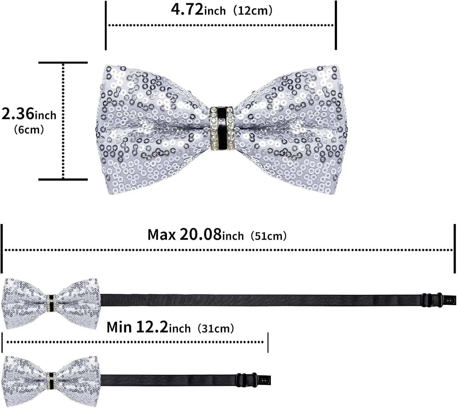 DiBanGu Sequin Bowtie for Men Solid Adjustable Pre-tied Bow Tie & Pocket Square Cufflinks Set for Party Wedding Shiny Bowtie