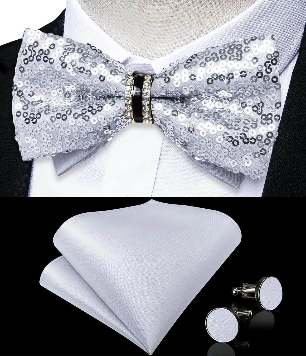 DiBanGu Sequin Bowtie for Men Solid Adjustable Pre-tied Bow Tie & Pocket Square Cufflinks Set for Party Wedding Shiny Bowtie