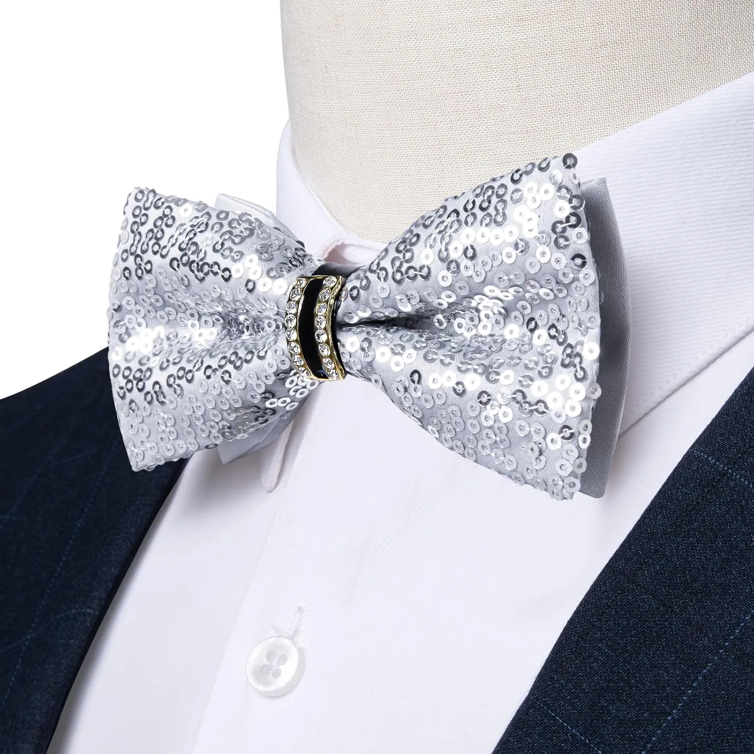 DiBanGu Sequin Bowtie for Men Solid Adjustable Pre-tied Bow Tie & Pocket Square Cufflinks Set for Party Wedding Shiny Bowtie