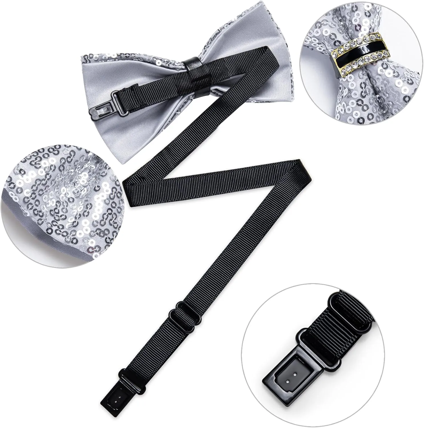 DiBanGu Sequin Bowtie for Men Solid Adjustable Pre-tied Bow Tie & Pocket Square Cufflinks Set for Party Wedding Shiny Bowtie