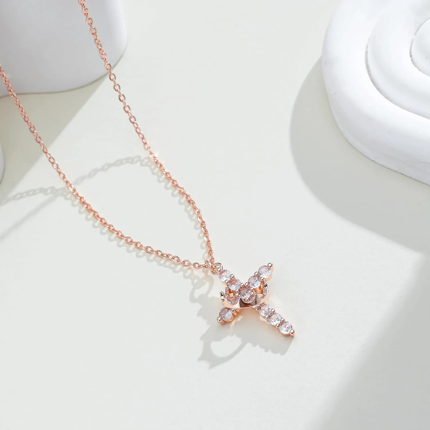 Double Cross Necklace for Women 18K Gold Plated Crown Cross Pendant Necklace Simple Diamond Cross Charm Link Chain Choker Delicate Faith Jewelry Religious Gifts for Women