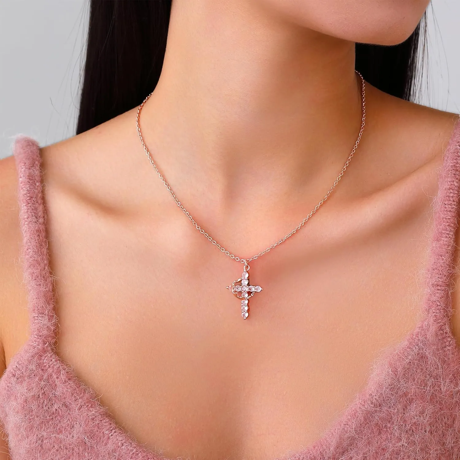Double Cross Necklace for Women 18K Gold Plated Crown Cross Pendant Necklace Simple Diamond Cross Charm Link Chain Choker Delicate Faith Jewelry Religious Gifts for Women