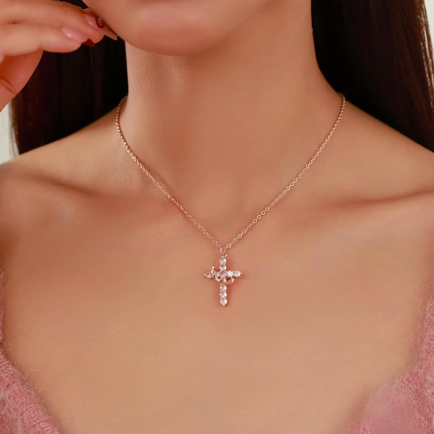Double Cross Necklace for Women 18K Gold Plated Crown Cross Pendant Necklace Simple Diamond Cross Charm Link Chain Choker Delicate Faith Jewelry Religious Gifts for Women