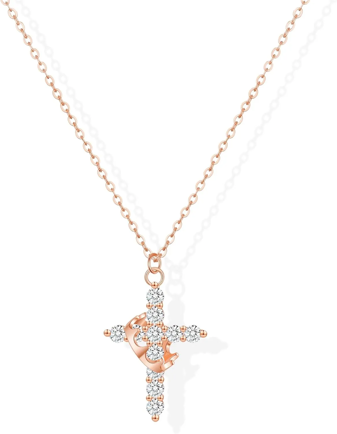Double Cross Necklace for Women 18K Gold Plated Crown Cross Pendant Necklace Simple Diamond Cross Charm Link Chain Choker Delicate Faith Jewelry Religious Gifts for Women
