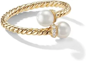 Double Pearls Open Twisted Band Statement Rings for Women Dainty Shiny CZ Large Round Pearl Adjustable Finger Wrap Ring Promise Engagement Wedding Party Stacking Expandable Fashion Jewelry Her