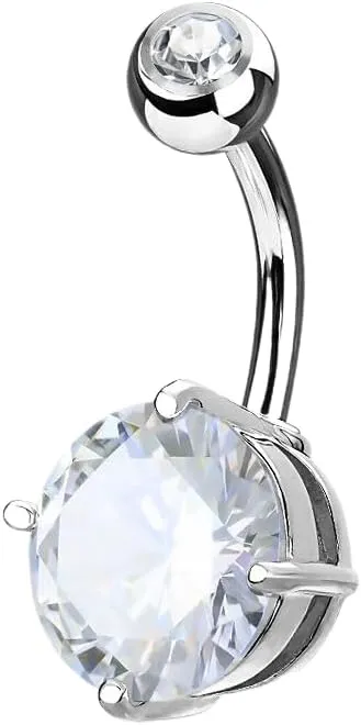 Double Solitaire Round CZ Prong Set Surgical Steel Navel Belly Button Ring Clear 10 mm Body Unique Jewelry Delicate Design Piercing Steel Surgical For Women