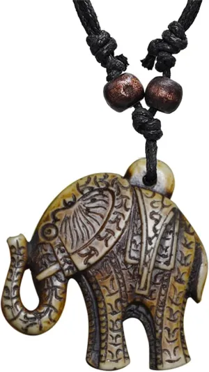 Dreuyet Elephant Pendant Necklace for Men Women Handmade Carved Elephant Necklace Cool Tribal Necklace Vintage Ethnic Wood Elephant Necklace Boho Animal Necklace Adjustable Statement Jewelry