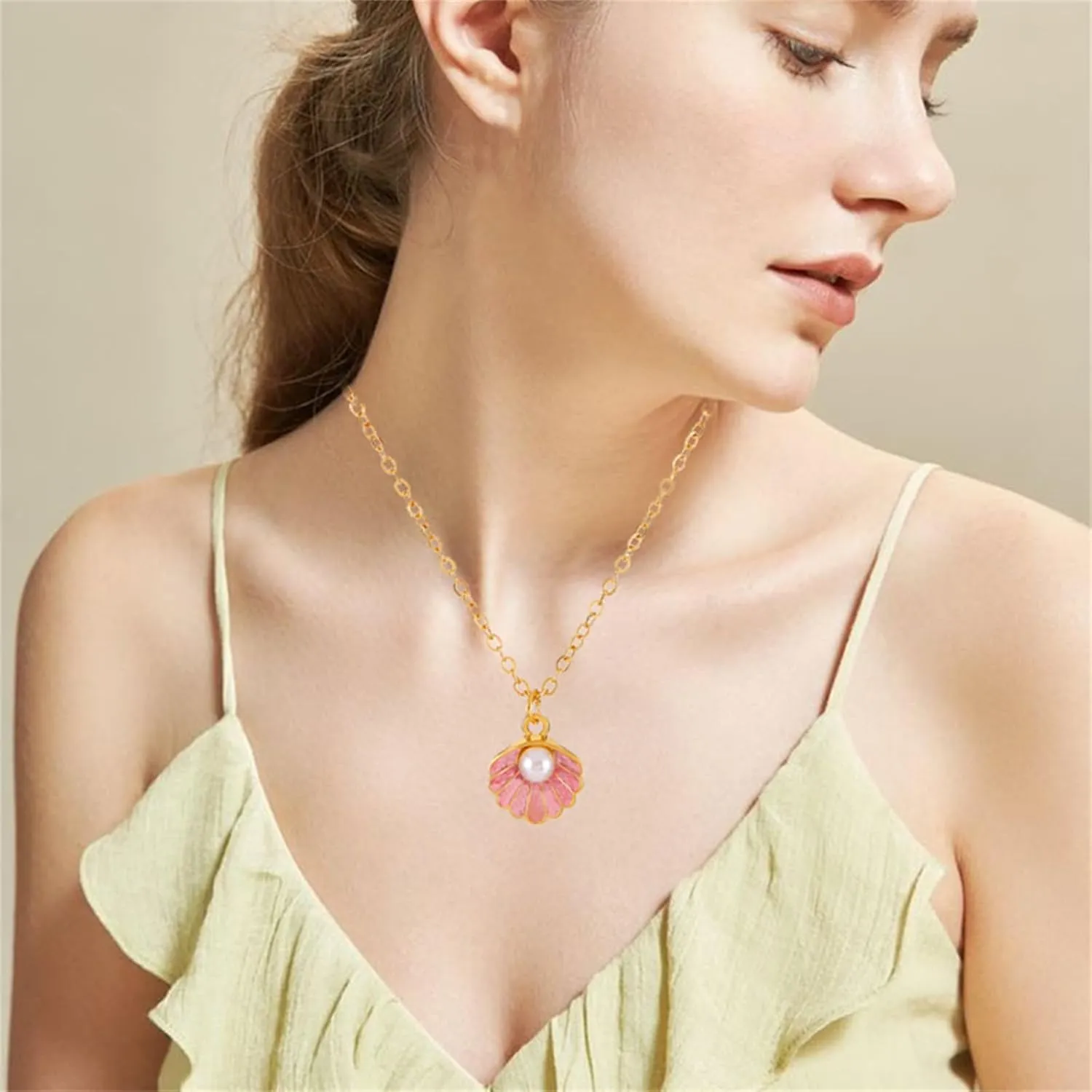 Dreuyet Seashell Pearl Necklace Earrings Set for Women Fashion Enamel Boho Pink Blue Scallop Sea Shell Pendant Necklace Beach Holiday Jewelry Gifts
