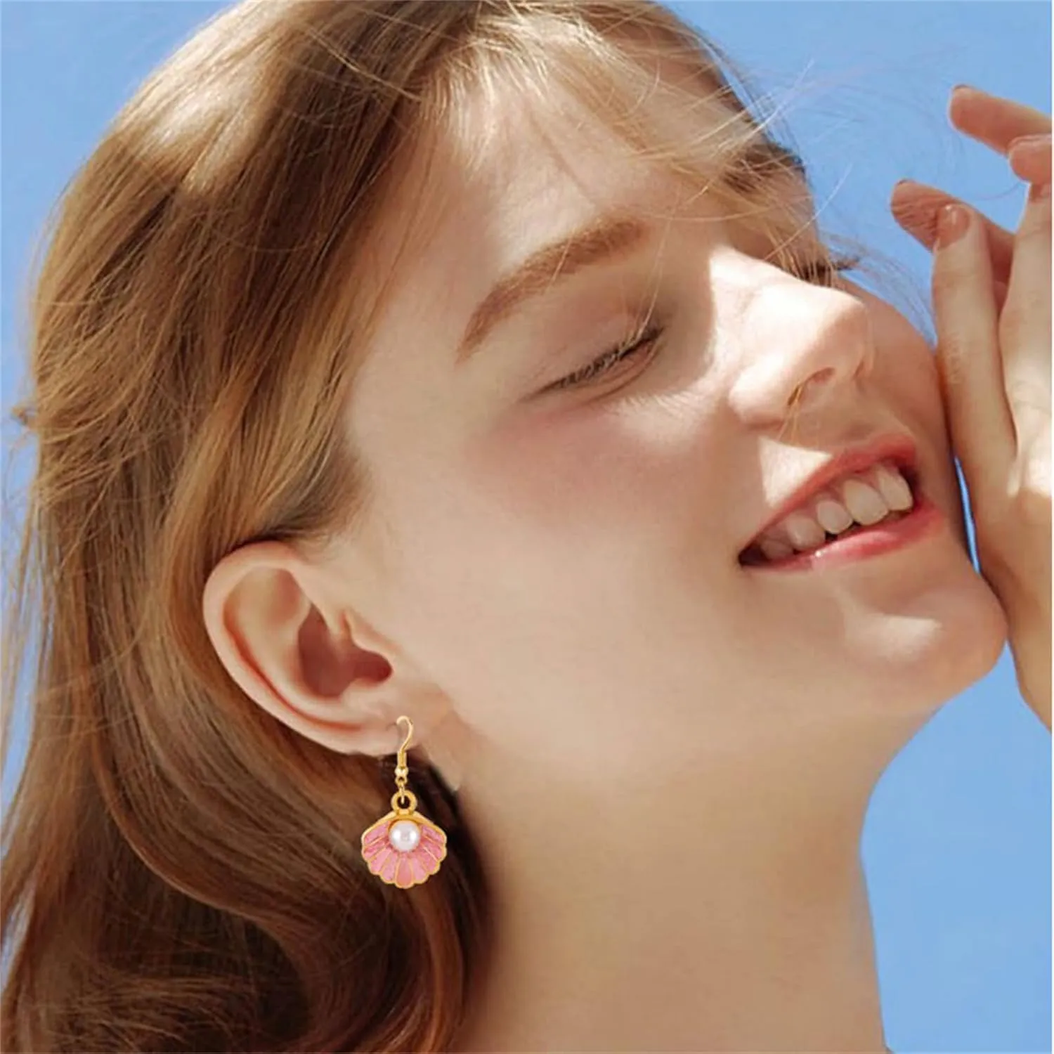 Dreuyet Seashell Pearl Necklace Earrings Set for Women Fashion Enamel Boho Pink Blue Scallop Sea Shell Pendant Necklace Beach Holiday Jewelry Gifts