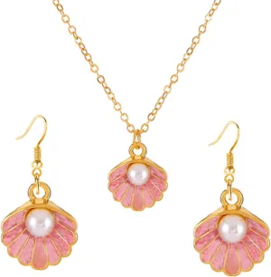 Dreuyet Seashell Pearl Necklace Earrings Set for Women Fashion Enamel Boho Pink Blue Scallop Sea Shell Pendant Necklace Beach Holiday Jewelry Gifts