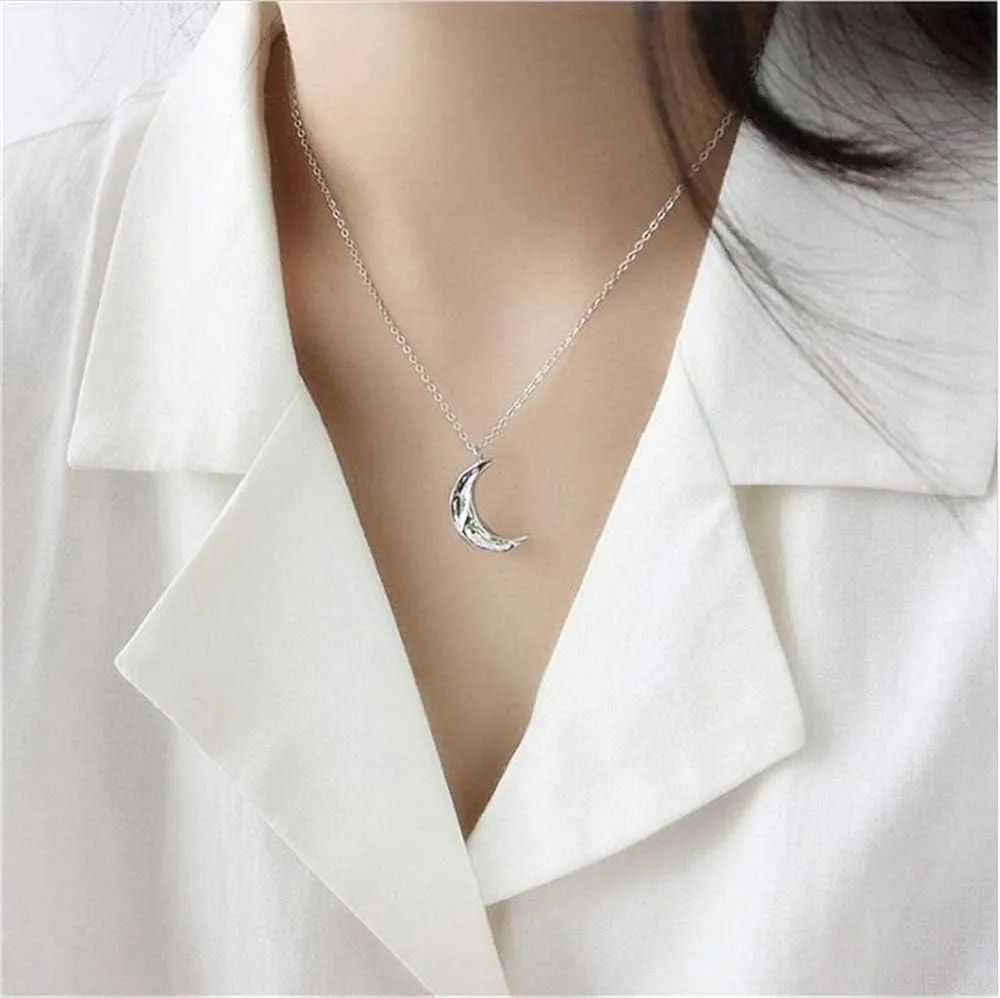 Dtja Boho Moon Necklace for Women Girls Sterling Silver Simple Delicate Crescent Half Moon Phase Karma Choker Pendant Necklace Adjustable Chain Handmade Hammered Jewelry