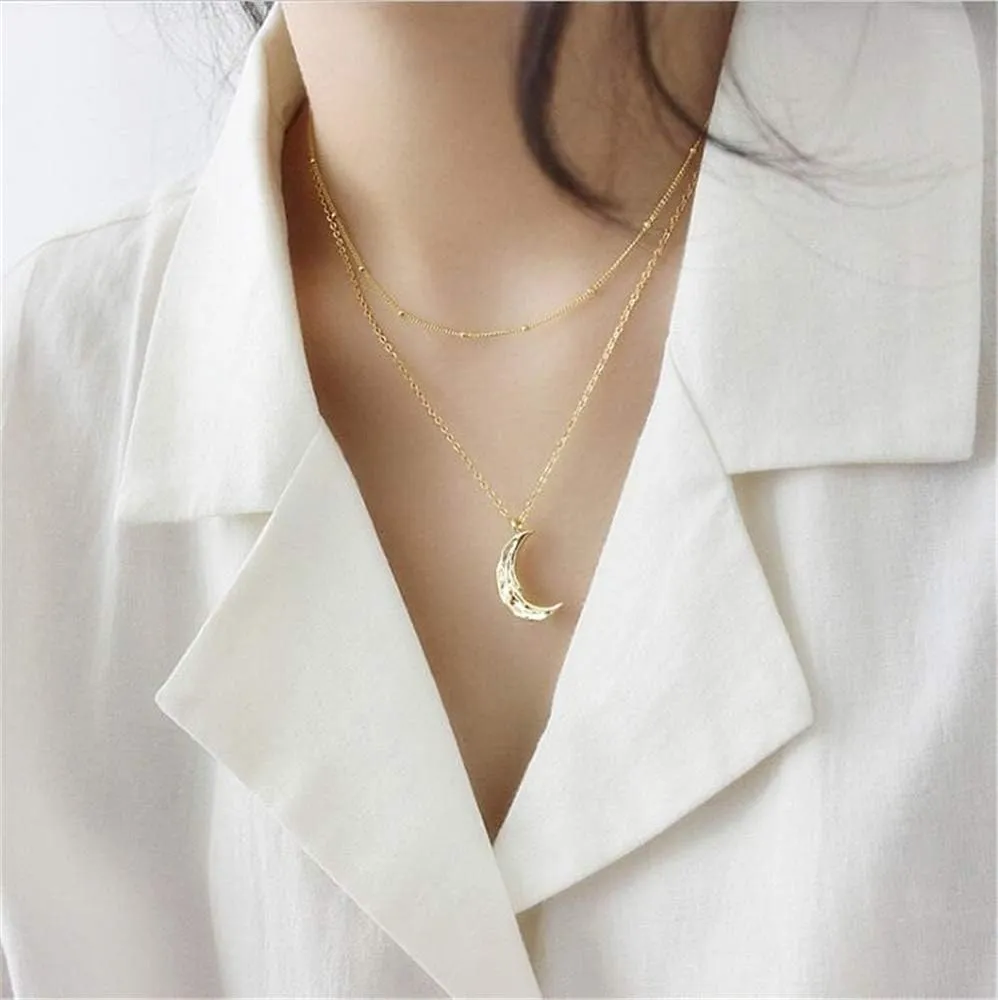 Dtja Boho Moon Necklace for Women Girls Sterling Silver Simple Delicate Crescent Half Moon Phase Karma Choker Pendant Necklace Adjustable Chain Handmade Hammered Jewelry
