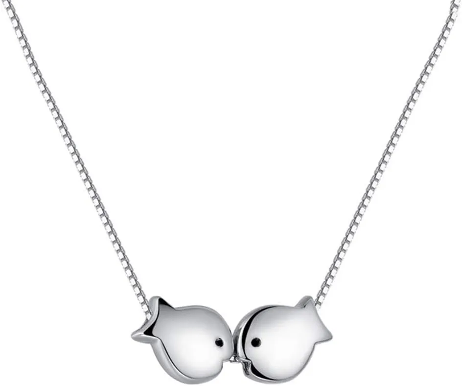 Dtja Sterling Silver Fish Necklace for Women Lovers Cute Polished Kissing Fishes Pisces Charm Pendant Choker Necklace Adjustable Chain 18" Fashion Jewelry Delicate Birthday Christmas Valentine