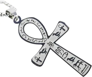 Egyptian Ankh Cross Pendant Necklace, Stainless Steel, 28 Inch Chain, Silver