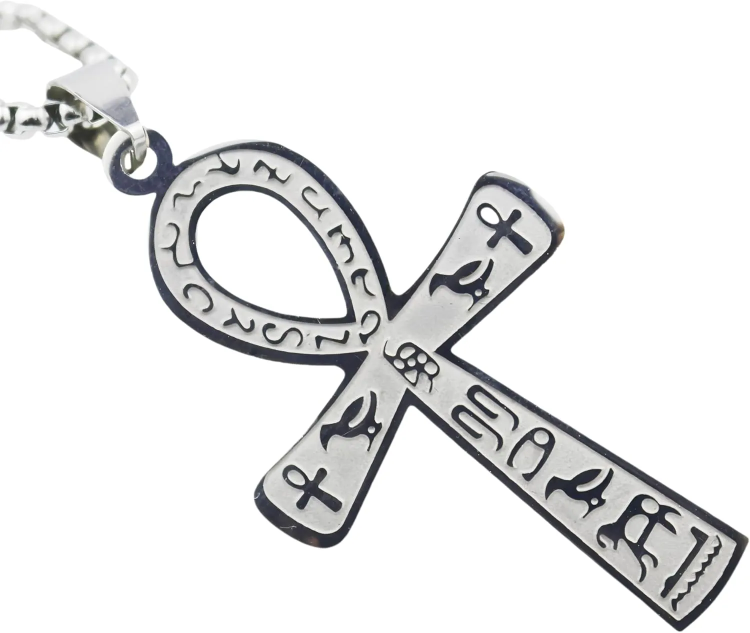 Egyptian Ankh Cross Pendant Necklace, Stainless Steel, 28 Inch Chain, Silver