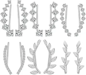 Eioi & Lmnm 6 Pairs Climber Earrings for Women, Silver Crystal Crawler Earrings, Dainty Ear Climber Earring Set, 925 Sterling Silver Posts Cubic Zirconia Cartilage Ear Cuff