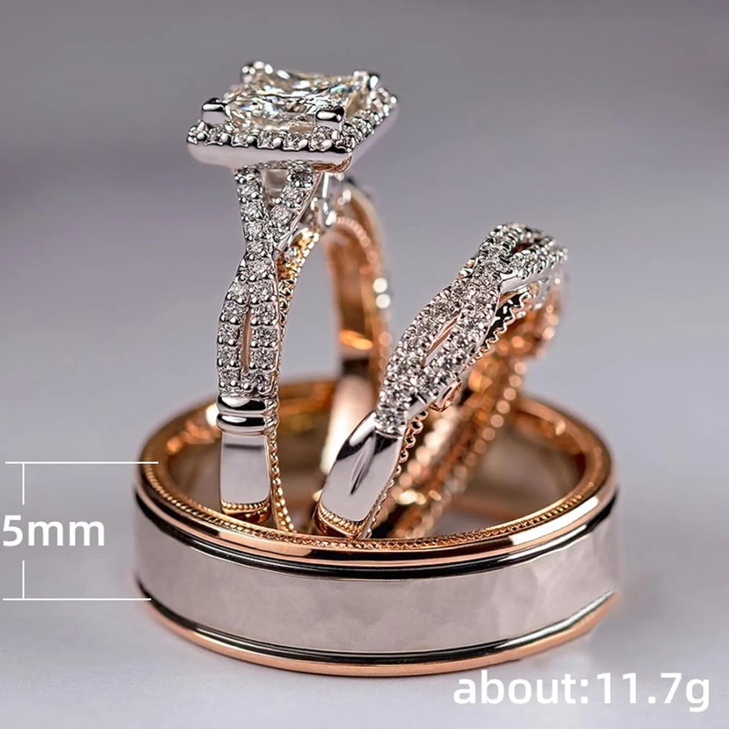Engagement Imitation Diamond Rings for Couples Set,3 pc His and Her Wedding Ring Set, Hypoallergenic Rose Gold Ring Set, Cubic Zirconia Bride Promise Rings Set, Size 6-13