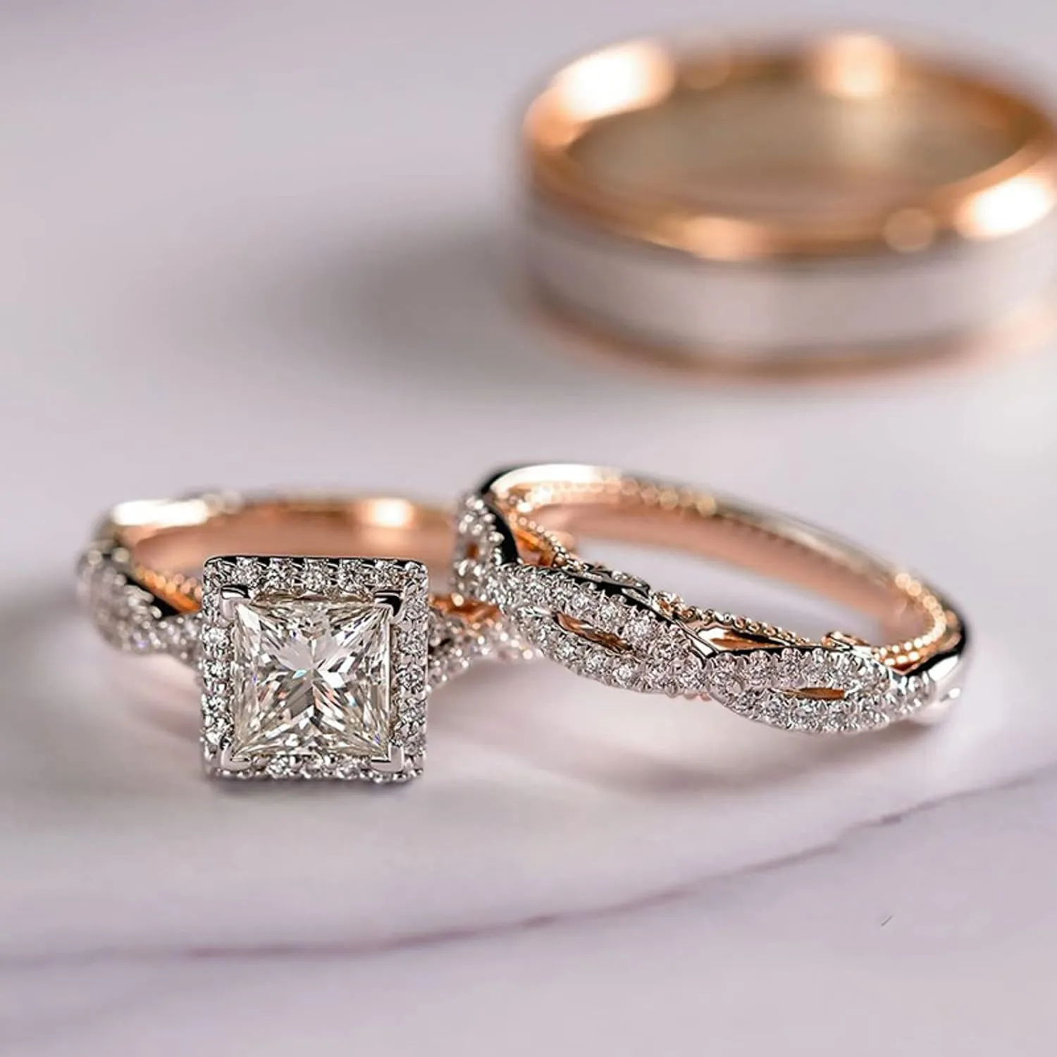 Engagement Imitation Diamond Rings for Couples Set,3 pc His and Her Wedding Ring Set, Hypoallergenic Rose Gold Ring Set, Cubic Zirconia Bride Promise Rings Set, Size 6-13