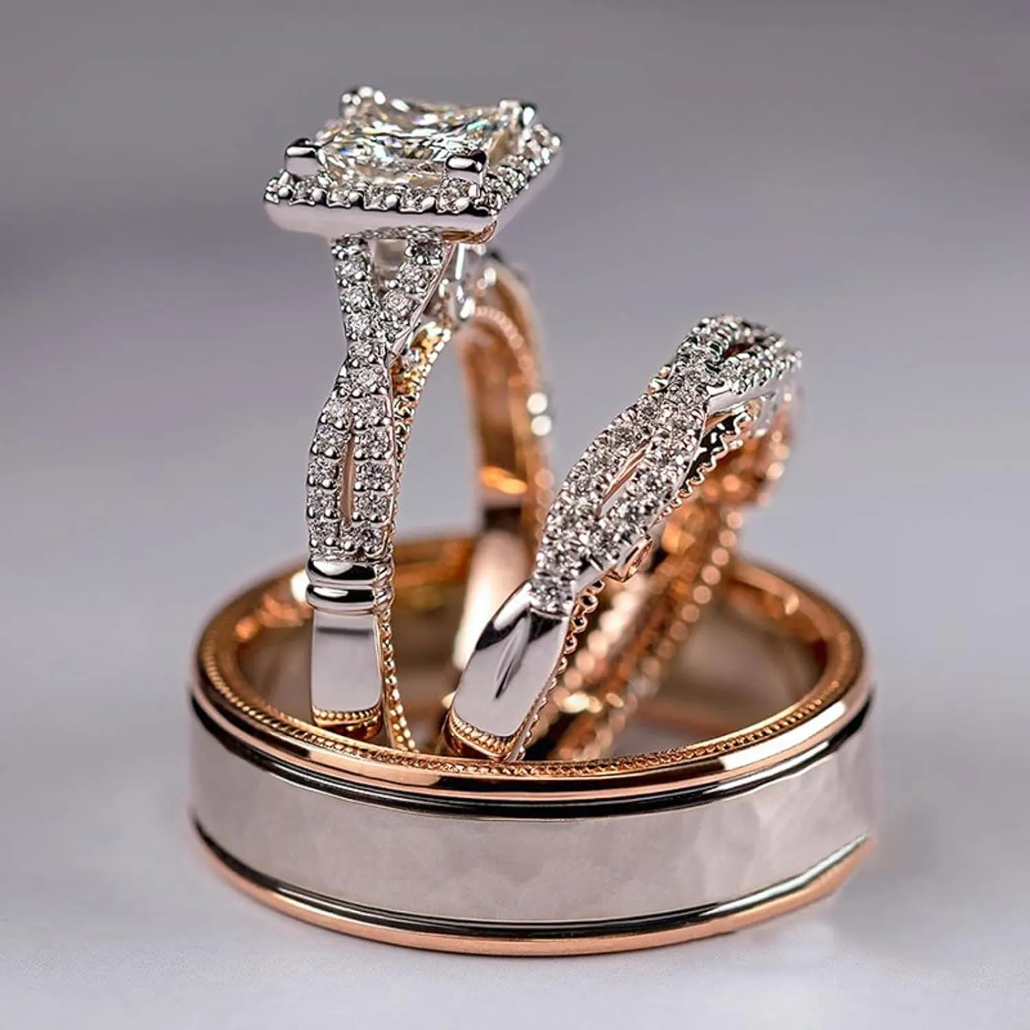 Engagement Imitation Diamond Rings for Couples Set,3 pc His and Her Wedding Ring Set, Hypoallergenic Rose Gold Ring Set, Cubic Zirconia Bride Promise Rings Set, Size 6-13