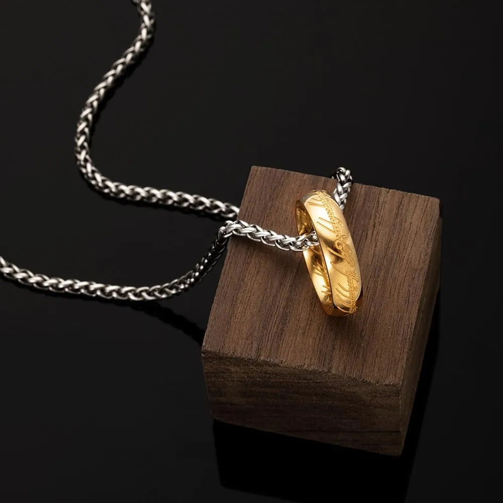 Engraved Titanium Steel Gold Ring Pendant Necklace with Wheat Silver Chain for Men Women